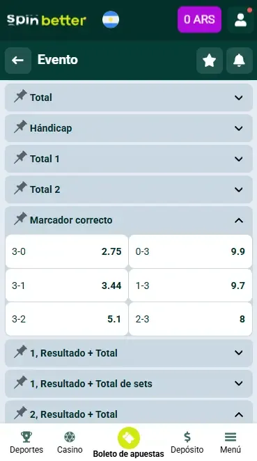 Spinbetter Argentina Marcador exacto (Vóley)
