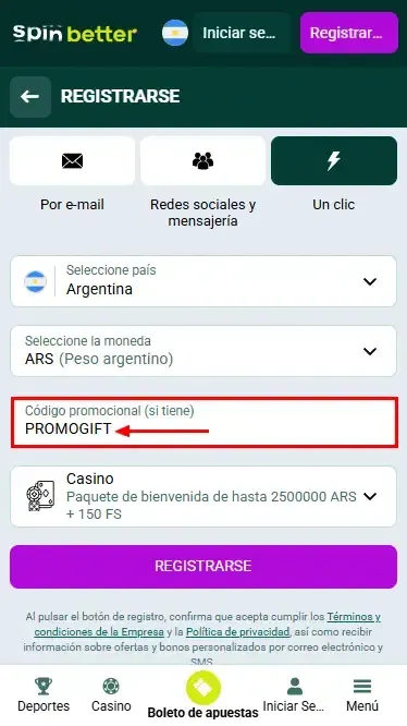 Código promocional de Spinbetter Argentina