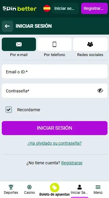 Inicio de sesión en Spinbetter por correo electrónico en España