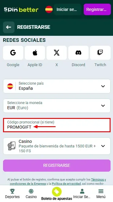 Código promocional de Spinbetter España
