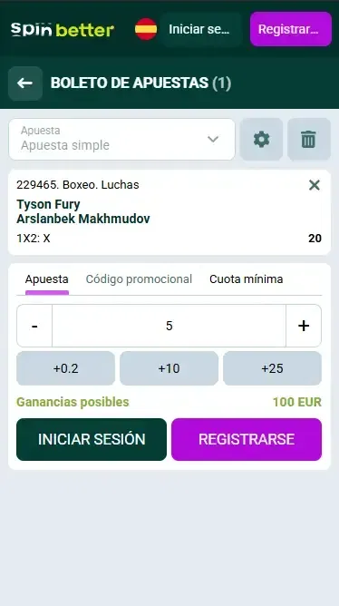 Boleto de apuesta de boxeo de Spinbetter