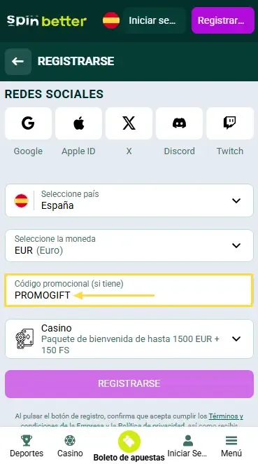 Código promocional de Spinbetter en España