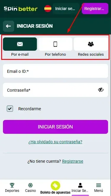 Spinbetter ES: Formas de iniciar sesión