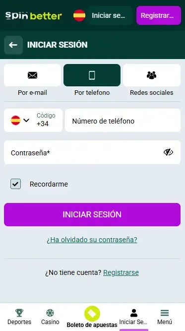 Inicio de sesión en Spinbetter España mediante número de teléfono