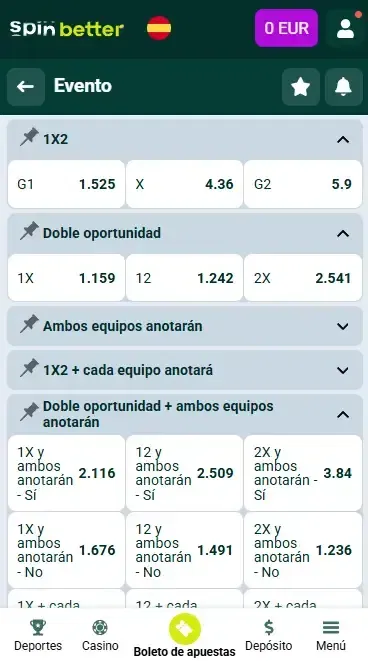 Mercados de apuestas de Spinbetter