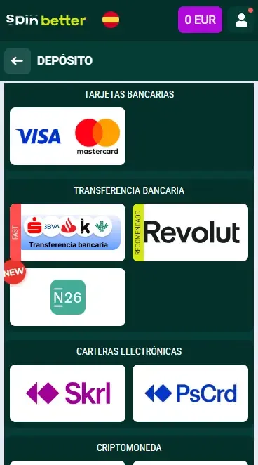 Opciones de depósito de Spinbetter