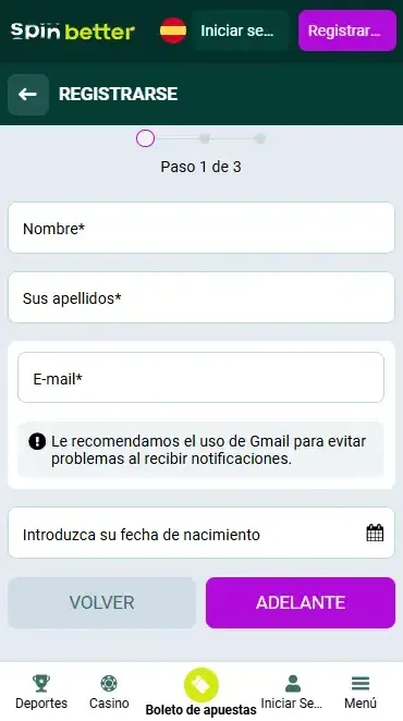 Registro en Spinbetter por correo electrónico