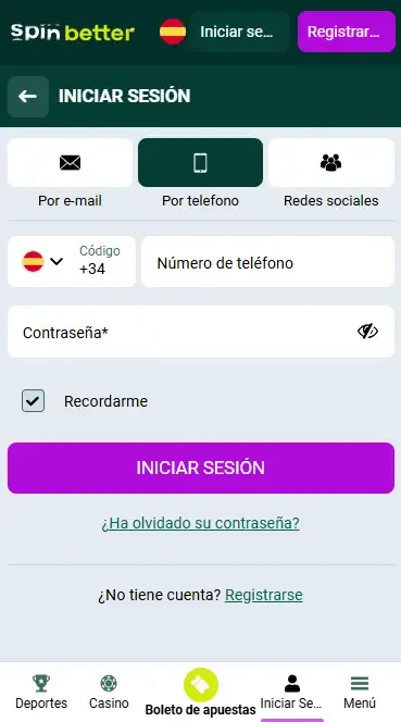 Inicio de sesión en Spinbetter España mediante número de teléfono