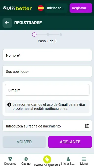 Spinbetter España: Registro por correo electrónico