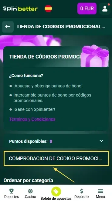 Spinbetter España: Comprobación del código promocional