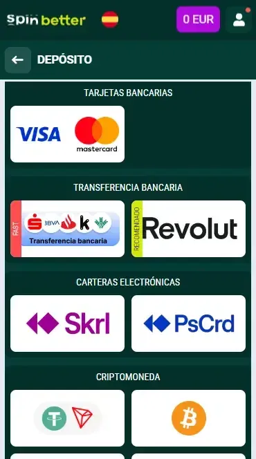 Spinbetter España: Métodos de depósito