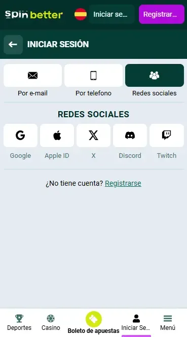 Inicio de sesión en Spinbetter mediante redes sociales en España