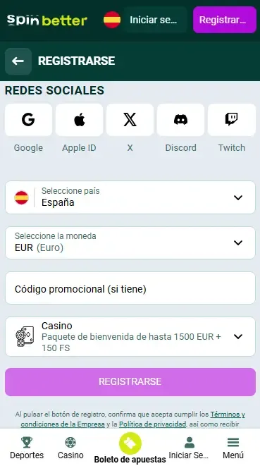 Registro en Spinbetter a través de redes sociales