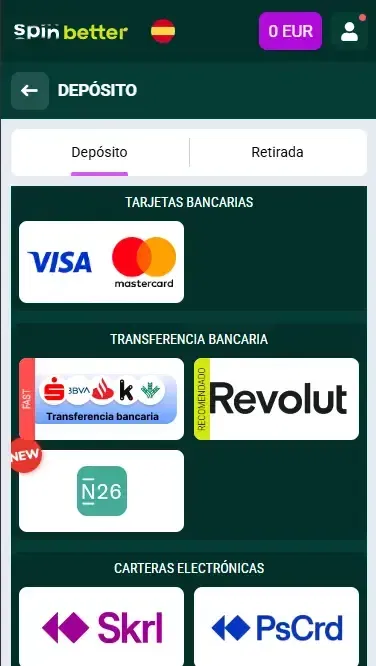Opciones de depósito de Spinbetter España