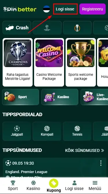 Spinbetter Eesti sisselogimisnupp