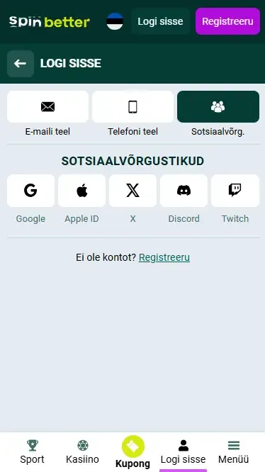 Spinbetter EE sisselogimine sotsiaalvõrgustike kaudu