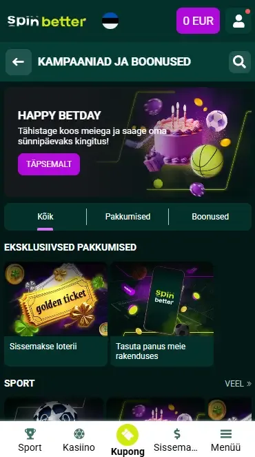 Spinbetteri Eesti sissemakseboonused
