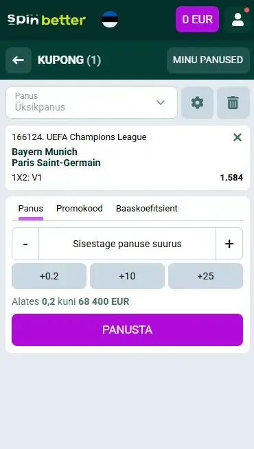 Alusta panustamist Spinbetteris