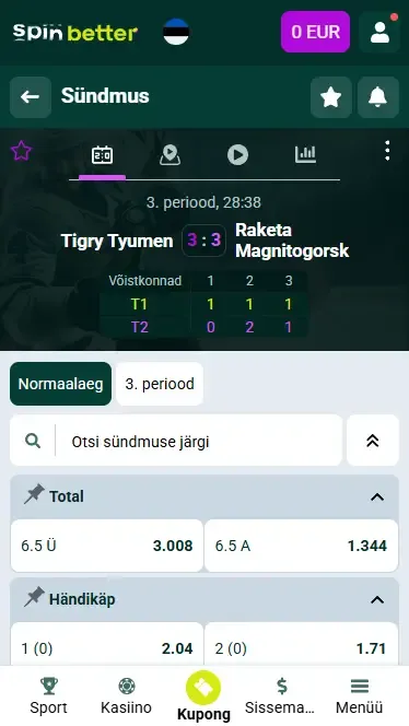 Spinbetter Estonia live-panustamise funktsioonid
