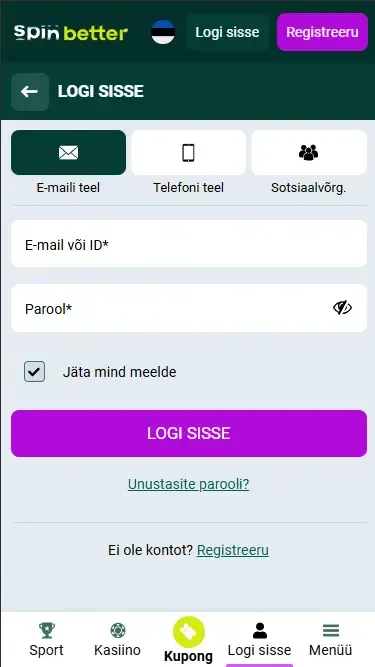Spinbetter Eesti: Logi sisse e-posti aadressiga