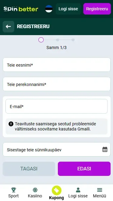 Spinbetter Eesti registreerimine e-posti teel