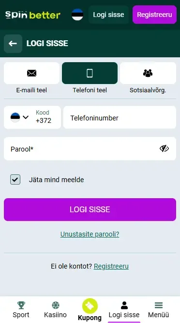 Sisselogimine Spinbetter Eesti veebisaidile oma telefoninumbri abil