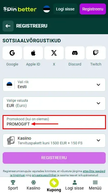 Spinbetter Eesti sooduskood