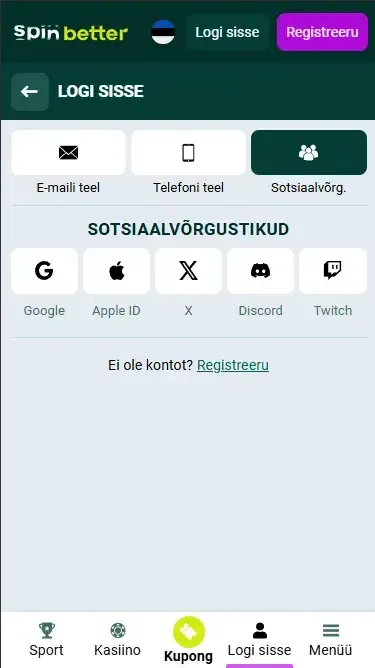 Sisselogimine Spinbetter Estonia veebisaidile sotsiaalmeedia kaudu