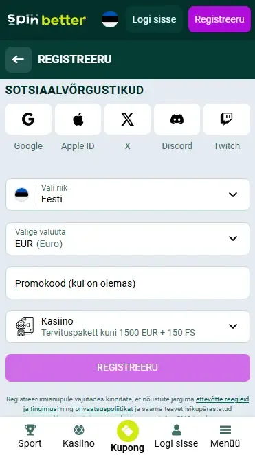 Spinbetter Eesti registreerimine sotsiaalvõrgustike kaudu