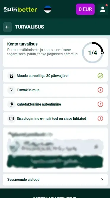 Spinbetter Estonia: Konto kaitse