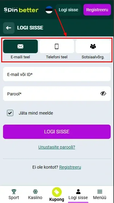 Spinbetter EE: sisselogimise viisid