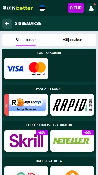 Spinbetter Estonia: sissemaksevõimalused