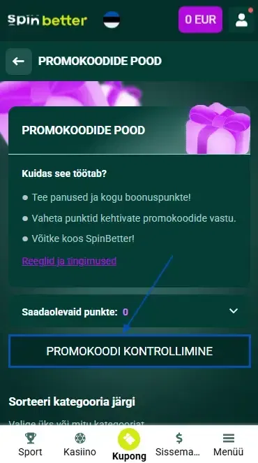 Spinbetter Eesti: promokoodi kontrollimine