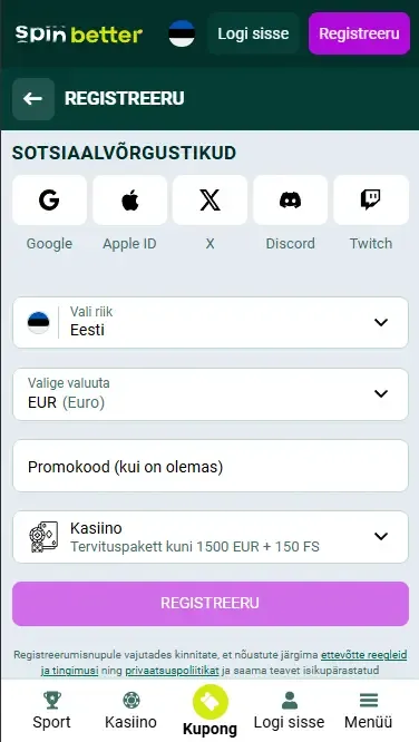 Spinbetteris sotsiaalvõrgustike kaudu registreerumine