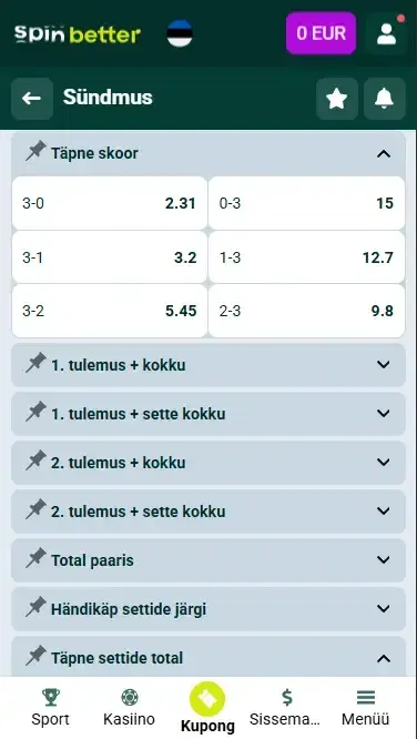 Spinbetter Eesti täpne skoor (võrkpall)