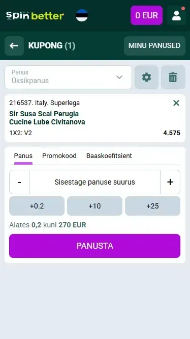 Spinbetter Eesti võrkpalliennustuse sedel