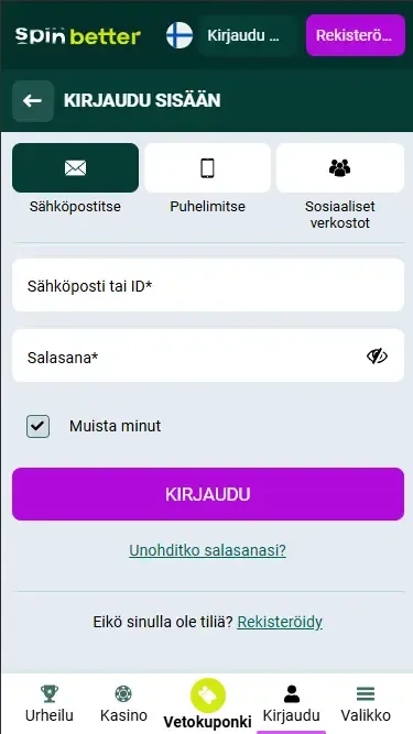 Kirjaudu sisään Spinbetter Finlandiin sähköpostillal
