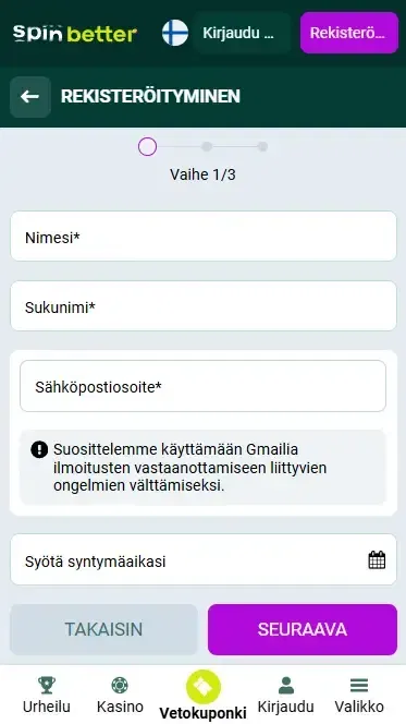 Spinbetter Suomen rekisteröityminen sähköpostilla