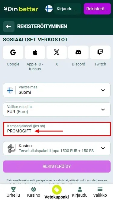 Spinbetter Finlandin tarjouskoodi