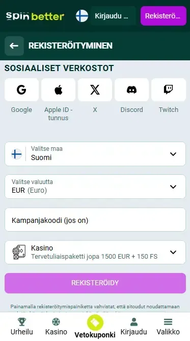 Spinbetter Suomen rekisteröityminen sosiaalisten verkostojen kautta