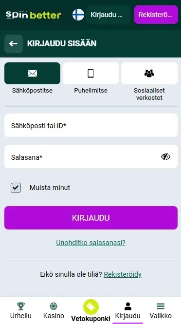 Spinbetter Finland kirjautuminen sähköpostilla