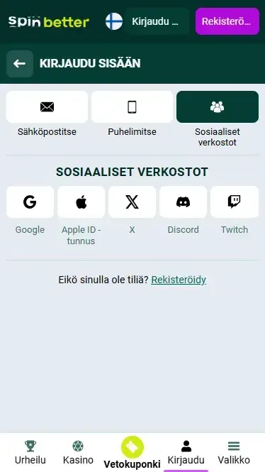 Spinbetter Finland kirjautuminen sosiaalisen median kautta