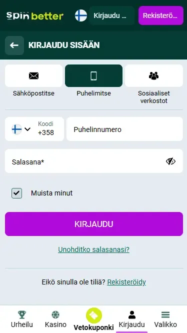 Spinbetter Finland kirjautuminen puhelinnumerolla