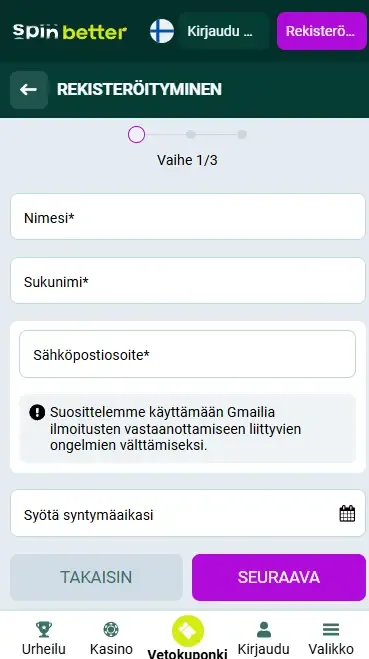 Spinbetter Suomi: rekisteröityminen sähköpostitse