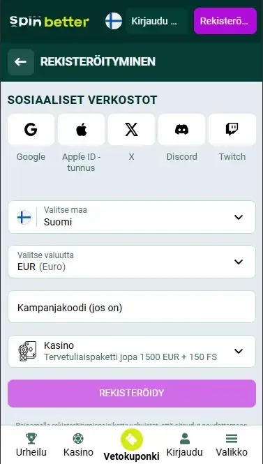 Spinbetter-rekisteröityminen sosiaalisen median kautta