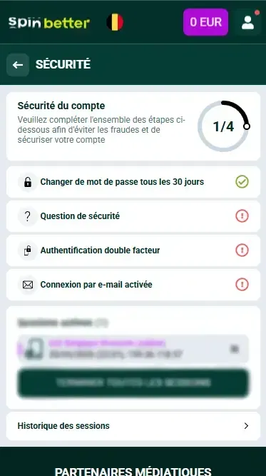 Protection du compte Spinbetter Belgique
