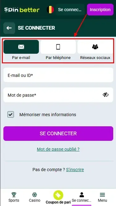 Spinbetter BE : moyens de se connecter
