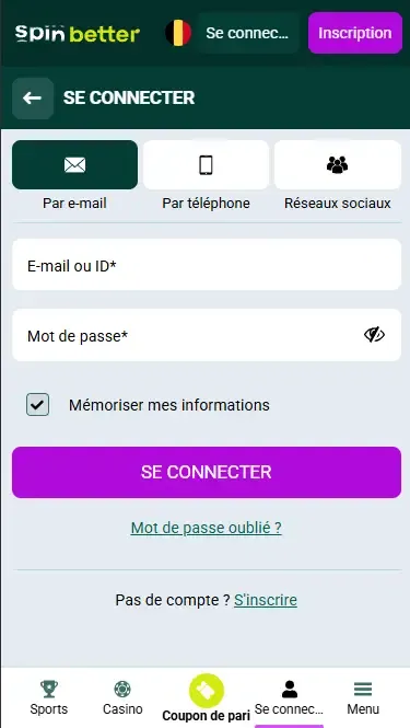 Connexion Spinbetter via e-mail en Belgique