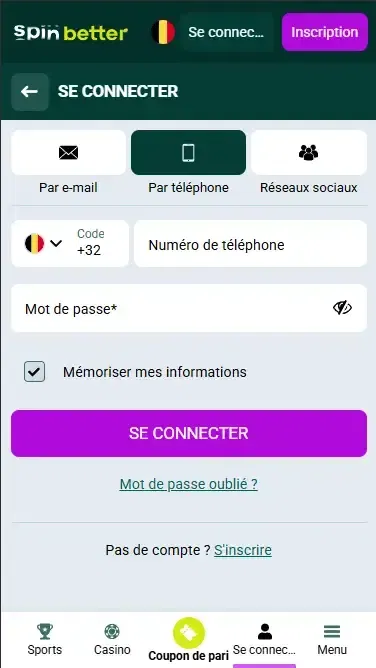 Connexion Spinbetter Belgique via numéro de téléphone