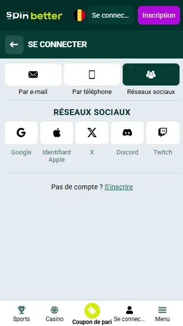 Connexion Spinbetter BE via réseaux sociaux
